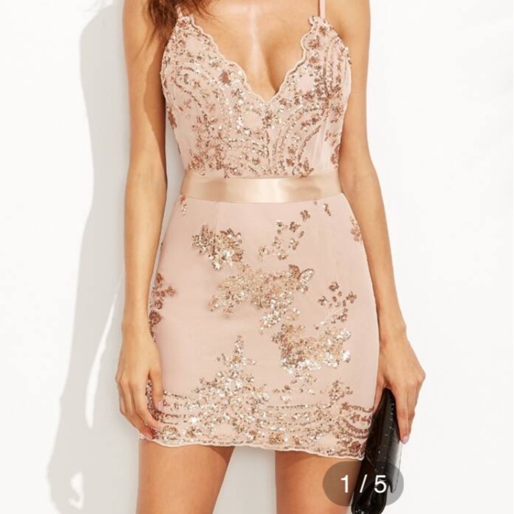 Gold Peach Sequins Spaghetti Strap Open Back Bodycon Dress